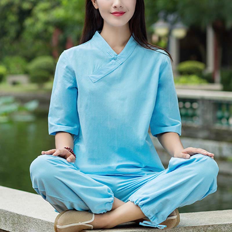 Buddha Stones 2 pezzi mezza manica scollo a V camicia top pantaloni meditazione zen tai chi abbigliamento in lino set da donna