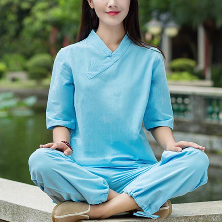Buddha Stones 2 pezzi mezza manica scollo a V camicia top pantaloni meditazione zen tai chi abbigliamento in lino set da donna
