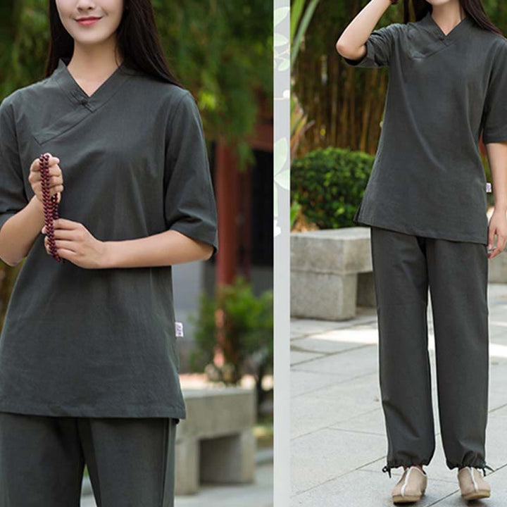Buddha Stones 2 pezzi mezza manica scollo a V camicia top pantaloni meditazione zen tai chi abbigliamento in lino set da donna