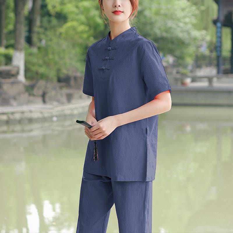 Buddha Stones 2 pezzi da donna manica corta maglietta top pantaloni meditazione zen tai chi cotone lino abbigliamento set - Blu scuro (top e pantaloni) - US18, UK/AU22, EU50 (6XL) - image 10