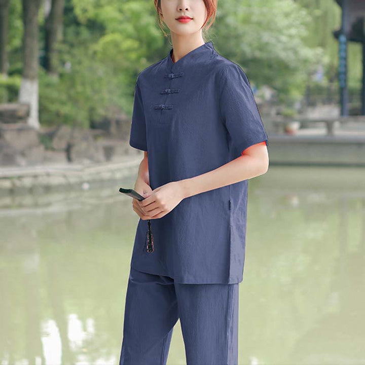 Buddha Stones 2 pezzi da donna manica corta maglietta top pantaloni meditazione zen tai chi cotone lino abbigliamento set - Blu scuro (top e pantaloni) - US18, UK/AU22, EU50 (6XL) - image 10