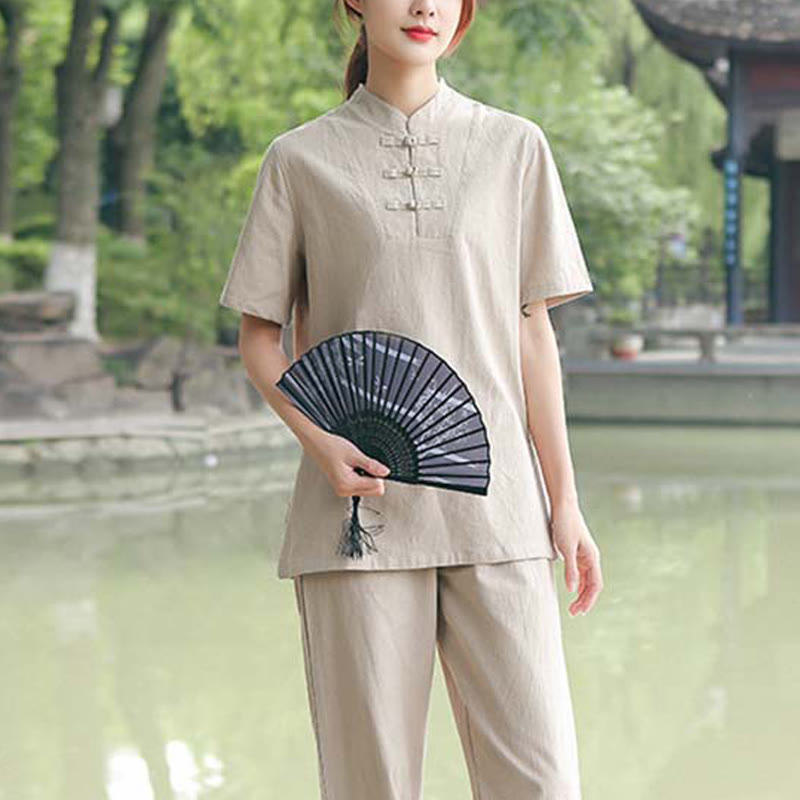 Buddha Stones 2 pezzi da donna manica corta maglietta top pantaloni meditazione zen tai chi cotone lino abbigliamento set - image 1