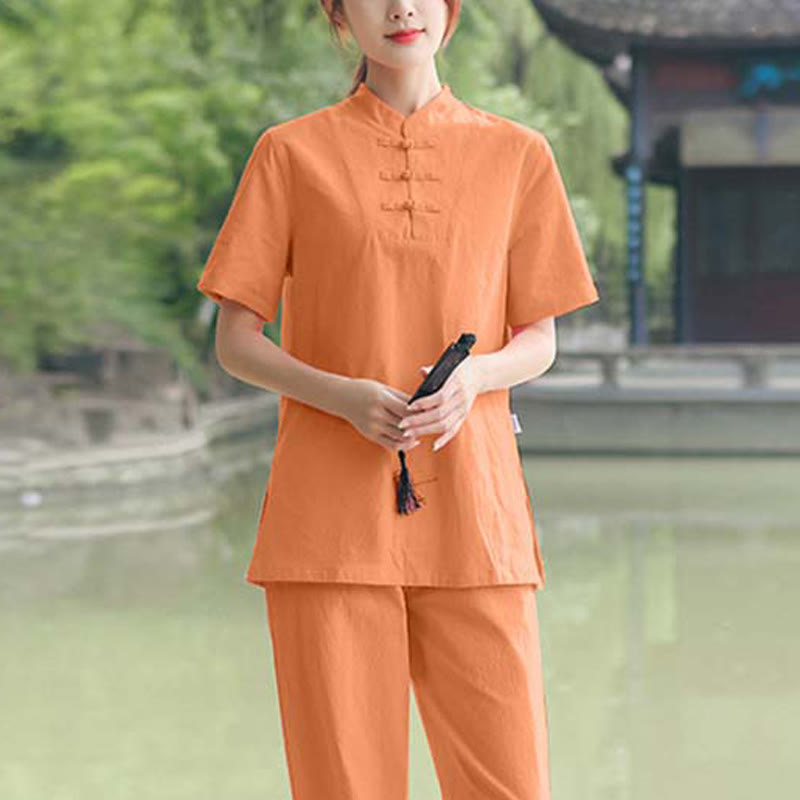 Buddha Stones 2 pezzi da donna manica corta maglietta top pantaloni meditazione zen tai chi cotone lino abbigliamento set - Arancione (top e pantaloni) - US18, UK/AU22, EU50 (6XL) - image 7