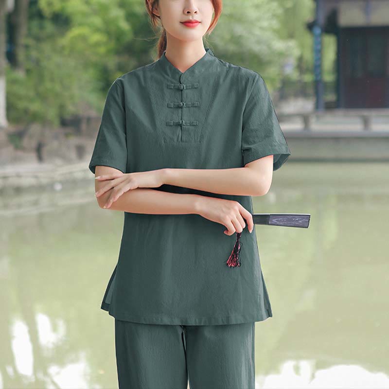 Buddha Stones 2 pezzi da donna manica corta maglietta top pantaloni meditazione zen tai chi cotone lino abbigliamento set - Verde scuro (top e pantaloni) - US18, UK/AU22, EU50 (6XL) - image 13