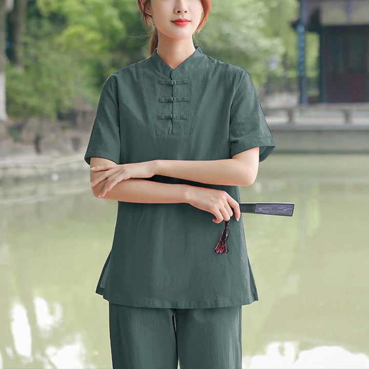Buddha Stones 2 pezzi da donna manica corta maglietta top pantaloni meditazione zen tai chi cotone lino abbigliamento set - Verde scuro (top e pantaloni) - US18, UK/AU22, EU50 (6XL) - image 13