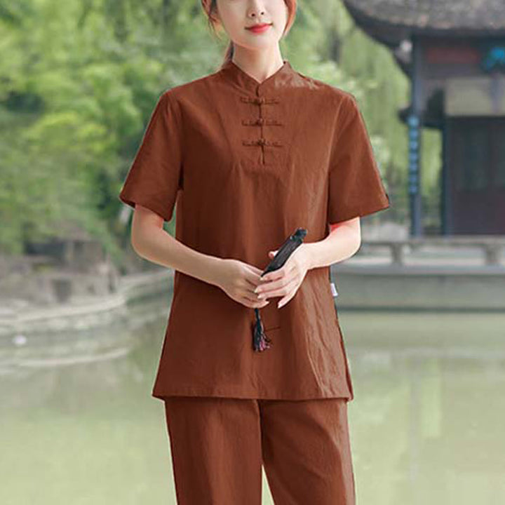 Buddha Stones 2 pezzi da donna manica corta maglietta top pantaloni meditazione zen tai chi cotone lino abbigliamento set - Marrone (Top e Pantaloni) - US18, UK/AU22, EU50 (6XL) - image 11