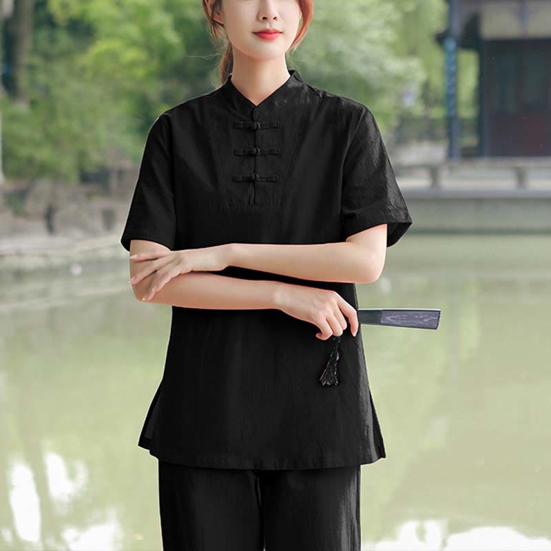 Buddha Stones 2 pezzi da donna manica corta maglietta top pantaloni meditazione zen tai chi cotone lino abbigliamento set - Nero (Top e pantaloni) - US18, UK/AU22, EU50 (6XL) - image 14