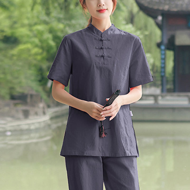 Buddha Stones 2 pezzi da donna manica corta maglietta top pantaloni meditazione zen tai chi cotone lino abbigliamento set - Grigio (top e pantaloni) - US18, UK/AU22, EU50 (6XL) - image 5