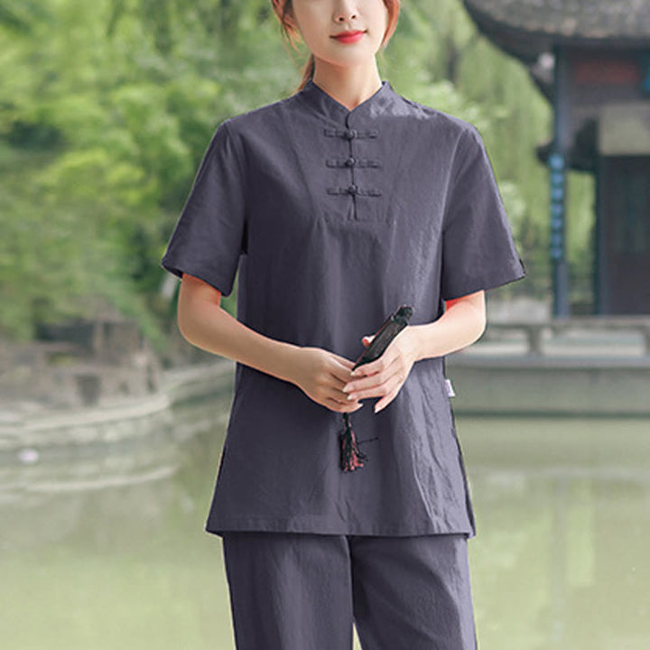 Buddha Stones 2 pezzi da donna manica corta maglietta top pantaloni meditazione zen tai chi cotone lino abbigliamento set - Grigio (top e pantaloni) - US18, UK/AU22, EU50 (6XL) - image 5