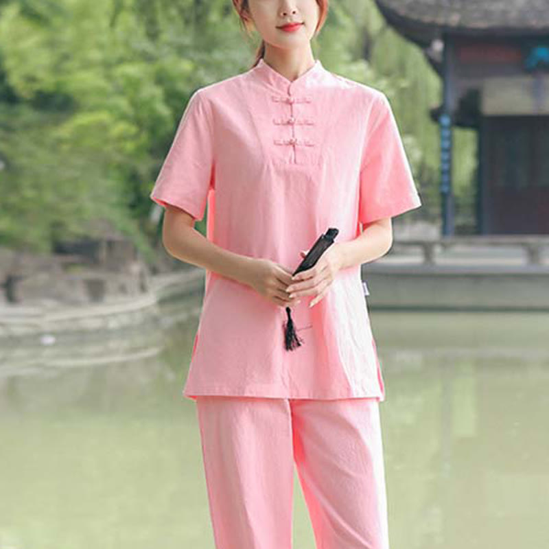 Buddha Stones 2 pezzi da donna manica corta maglietta top pantaloni meditazione zen tai chi cotone lino abbigliamento set - Rosa (Top e pantaloni) - US18, UK/AU22, EU50 (6XL) - image 12