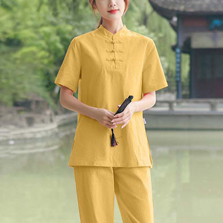 Buddha Stones 2 pezzi da donna manica corta maglietta top pantaloni meditazione zen tai chi cotone lino abbigliamento set - Giallo (top e pantaloni) - US18, UK/AU22, EU50 (6XL) - image 9