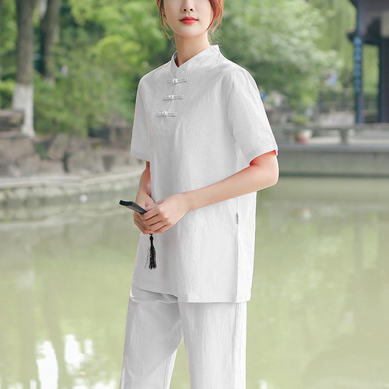 Buddha Stones 2 pezzi da donna manica corta maglietta top pantaloni meditazione zen tai chi cotone lino abbigliamento set - Bianco (top e pantaloni) - US18, UK/AU22, EU50 (6XL) - image 15