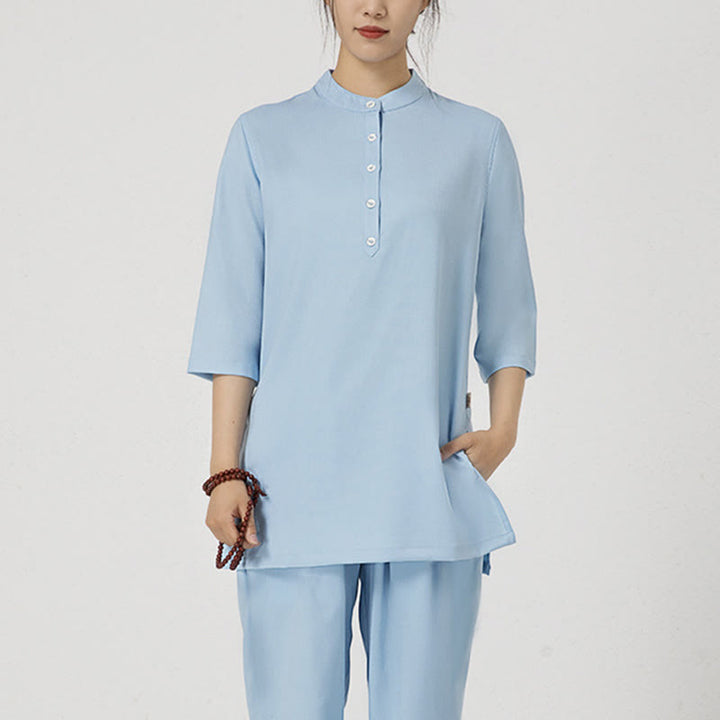 Buddha Stones 2 pezzi tinta unita tre quarti camicia top pantaloni meditazione zen tai chi cotone lino abbigliamento donna set