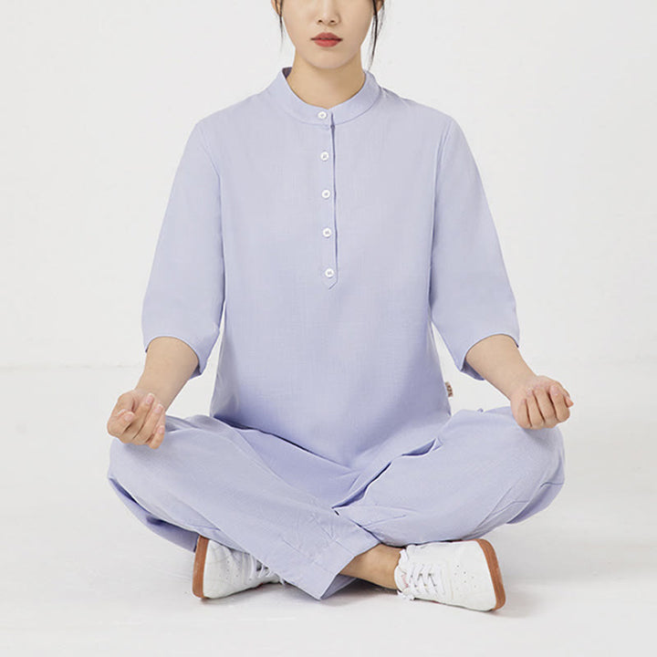 Buddha Stones 2 pezzi tinta unita tre quarti camicia top pantaloni meditazione zen tai chi cotone lino abbigliamento donna set
