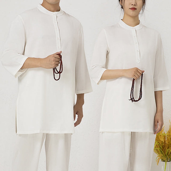 Buddha Stones 2 pezzi tinta unita tre quarti camicia top pantaloni meditazione zen tai chi cotone lino abbigliamento donna set
