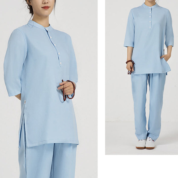 Buddha Stones 2 pezzi tinta unita tre quarti camicia top pantaloni meditazione zen tai chi cotone lino abbigliamento donna set