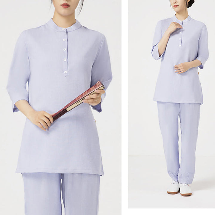 Buddha Stones 2 pezzi tinta unita tre quarti camicia top pantaloni meditazione zen tai chi cotone lino abbigliamento donna set