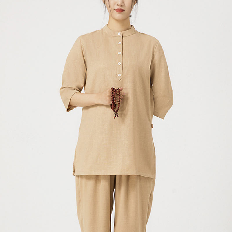 Buddha Stones 2 pezzi tinta unita tre quarti camicia top pantaloni meditazione zen tai chi cotone lino abbigliamento donna set