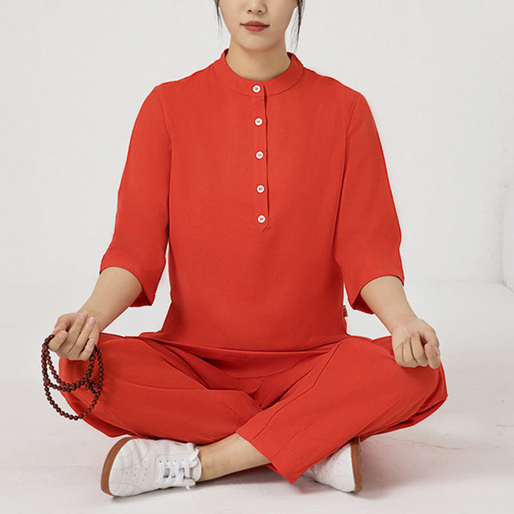 Buddha Stones 2 pezzi tinta unita tre quarti camicia top pantaloni meditazione zen tai chi cotone lino abbigliamento donna set