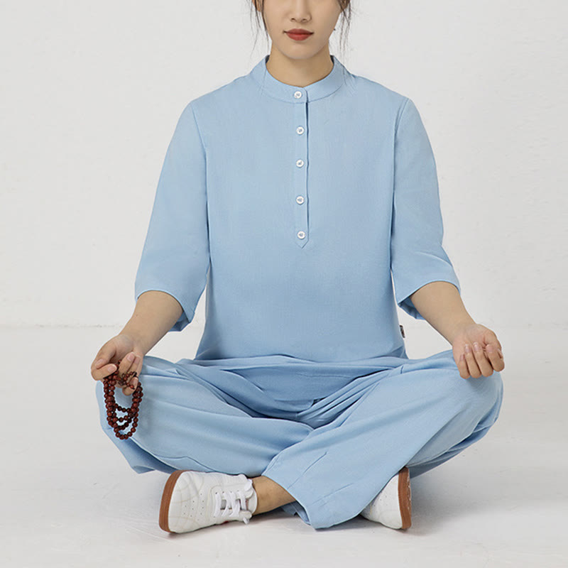 Buddha Stones 2 pezzi tinta unita tre quarti camicia top pantaloni meditazione zen tai chi cotone lino abbigliamento donna set
