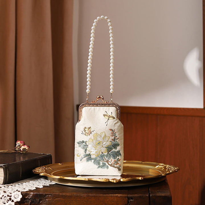 Borsa a tracolla con catena in metallo con perle ricamate , Buddha Stones, piccoli fiori, farfalla, borsa a tracolla, borsa per cellulare