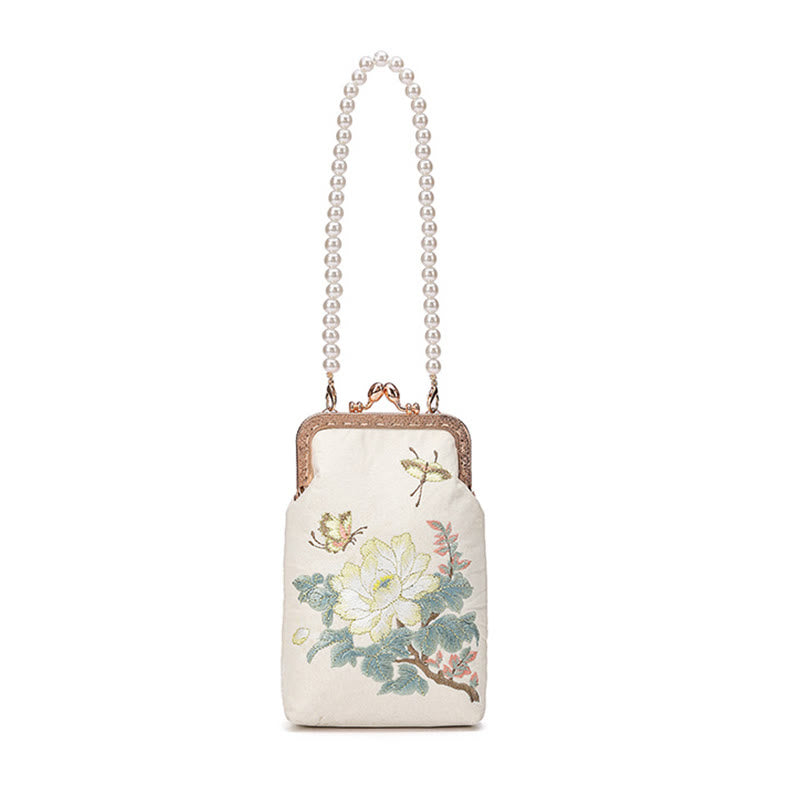 Borsa a tracolla con catena in metallo con perle ricamate , Buddha Stones, piccoli fiori, farfalla, borsa a tracolla, borsa per cellulare