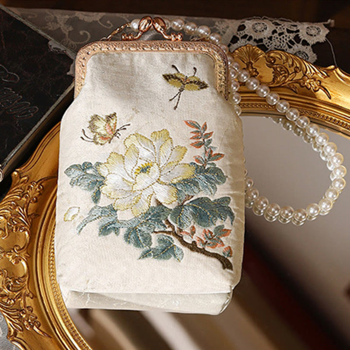 Borsa a tracolla con catena in metallo con perle ricamate , Buddha Stones, piccoli fiori, farfalla, borsa a tracolla, borsa per cellulare