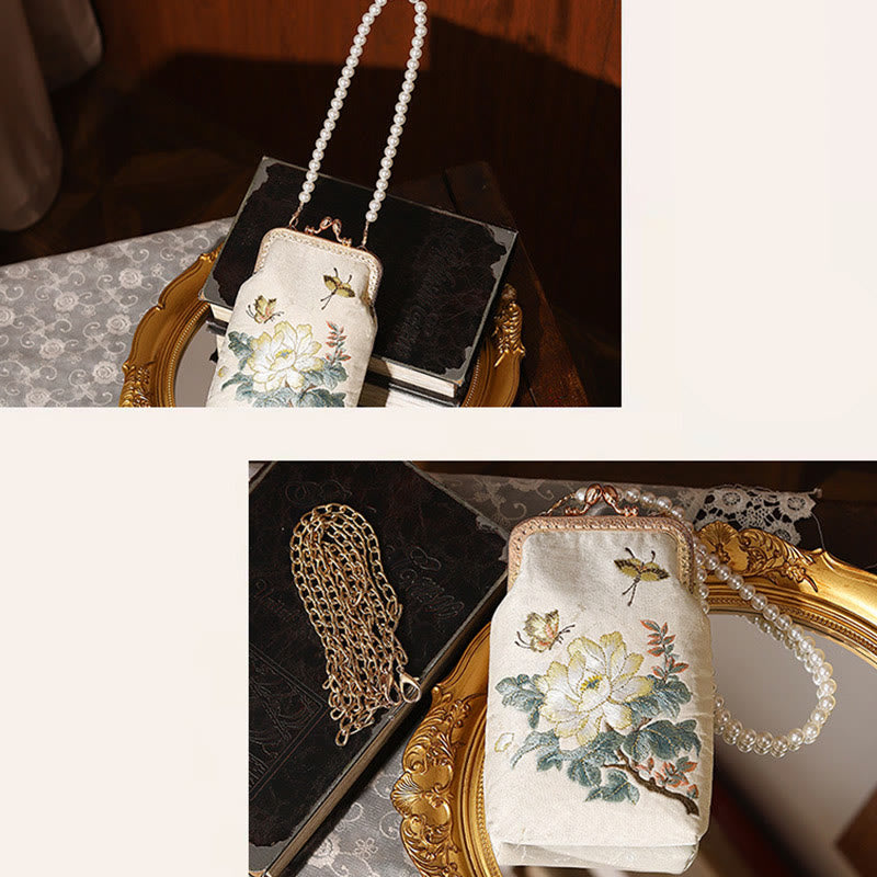 Borsa a tracolla con catena in metallo con perle ricamate , Buddha Stones, piccoli fiori, farfalla, borsa a tracolla, borsa per cellulare