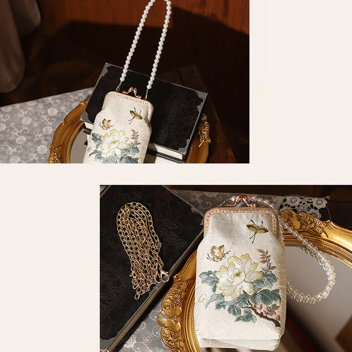 Borsa a tracolla con catena in metallo con perle ricamate , Buddha Stones, piccoli fiori, farfalla, borsa a tracolla, borsa per cellulare