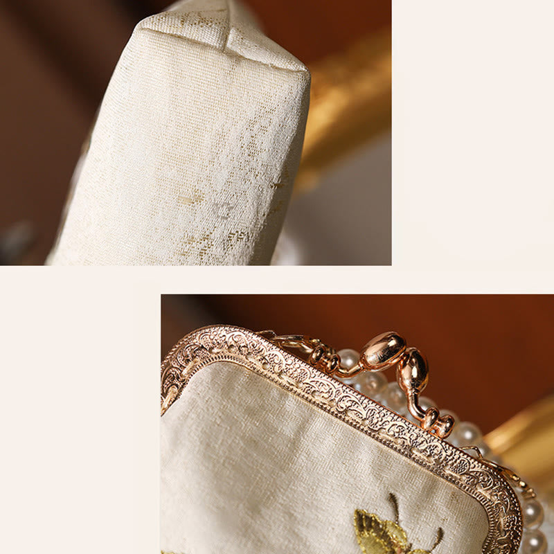 Borsa a tracolla con catena in metallo con perle ricamate , Buddha Stones, piccoli fiori, farfalla, borsa a tracolla, borsa per cellulare