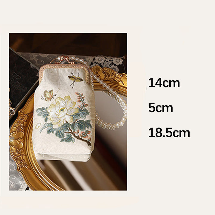 Borsa a tracolla con catena in metallo con perle ricamate , Buddha Stones, piccoli fiori, farfalla, borsa a tracolla, borsa per cellulare