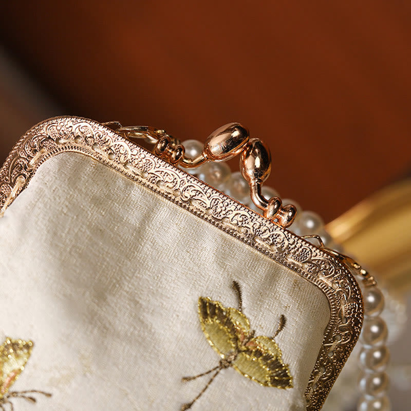 Borsa a tracolla con catena in metallo con perle ricamate , Buddha Stones, piccoli fiori, farfalla, borsa a tracolla, borsa per cellulare