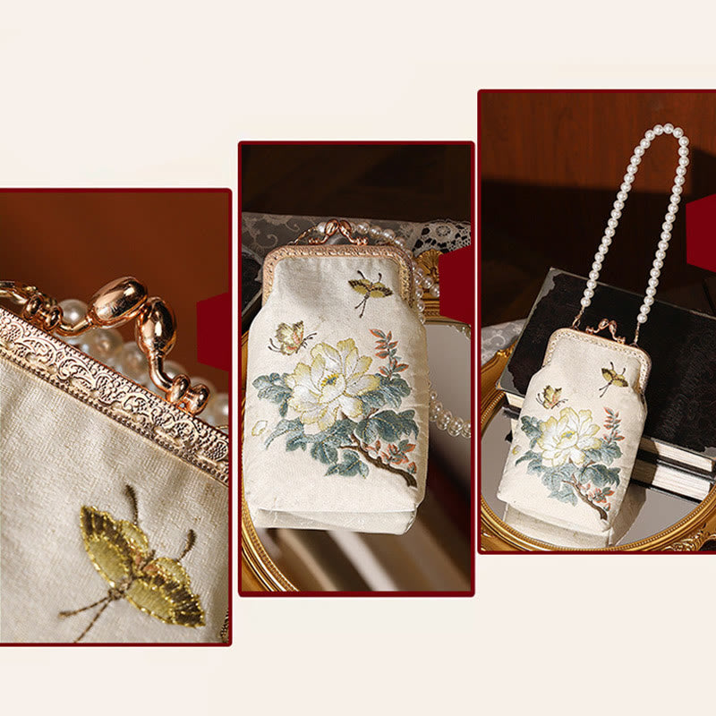 Borsa a tracolla con catena in metallo con perle ricamate , Buddha Stones, piccoli fiori, farfalla, borsa a tracolla, borsa per cellulare