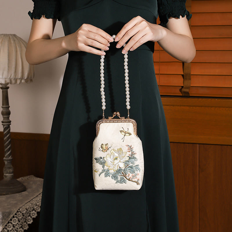 Borsa a tracolla con catena in metallo con perle ricamate , Buddha Stones, piccoli fiori, farfalla, borsa a tracolla, borsa per cellulare