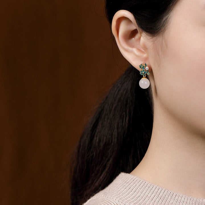 Buddha Stones Giada bianca Argento Sterling 925 Perla Fiore Benedizione Collana Pendente Anello Orecchini