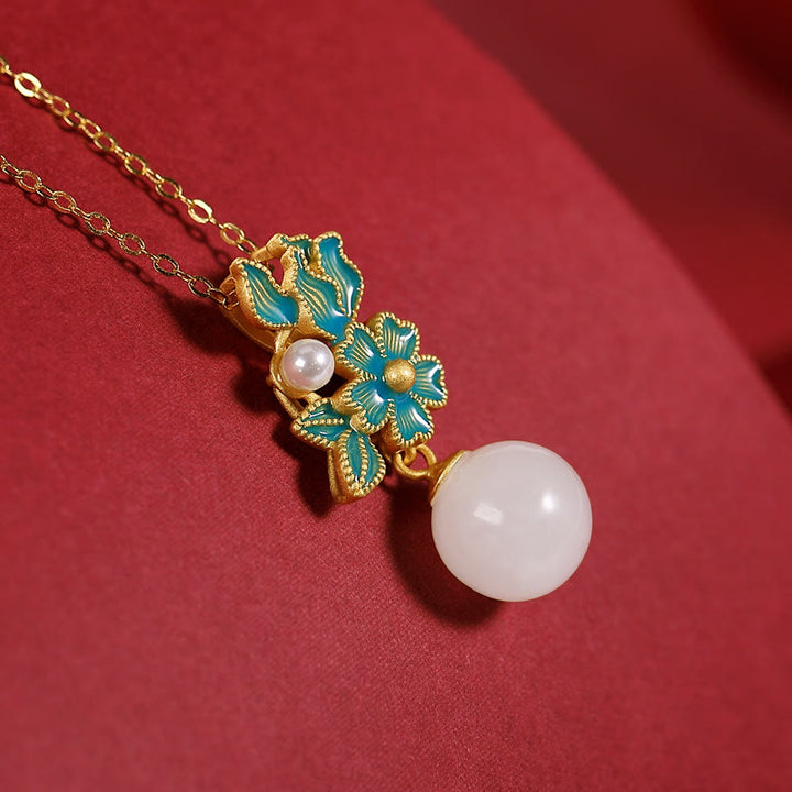 Buddha Stones Giada bianca Argento Sterling 925 Perla Fiore Benedizione Collana Pendente Anello Orecchini