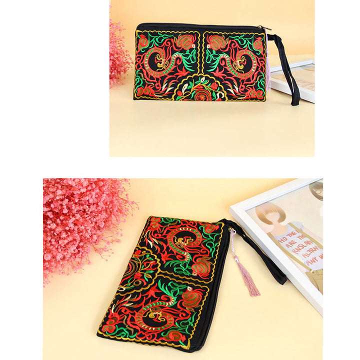Portafoglio con ricamo a forma di fiore di cosmo, drago , Buddha Stones, borsa per la spesa