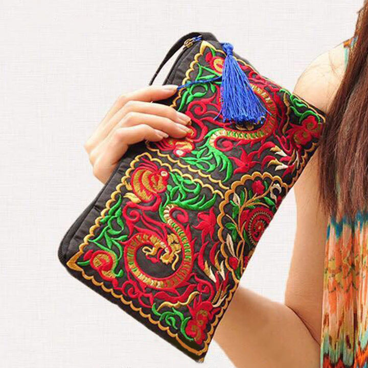 Portafoglio con ricamo a forma di fiore di cosmo, drago , Buddha Stones, borsa per la spesa