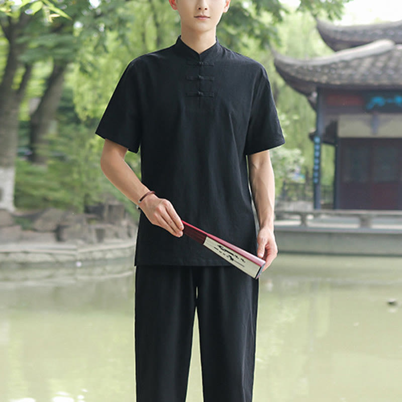 Buddha Stones 2 pezzi da uomo manica corta maglietta top pantaloni meditazione zen tai chi cotone lino abbigliamento set - Nero (maglietta e pantaloni) - US/UK/AU48, EU58 (6XL) - image 11