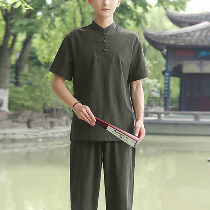 Buddha Stones 2 pezzi da uomo manica corta maglietta top pantaloni meditazione zen tai chi cotone lino abbigliamento set - Verde scuro (solo la parte superiore) - US/UK/AU48, EU58 (6XL) - image 10