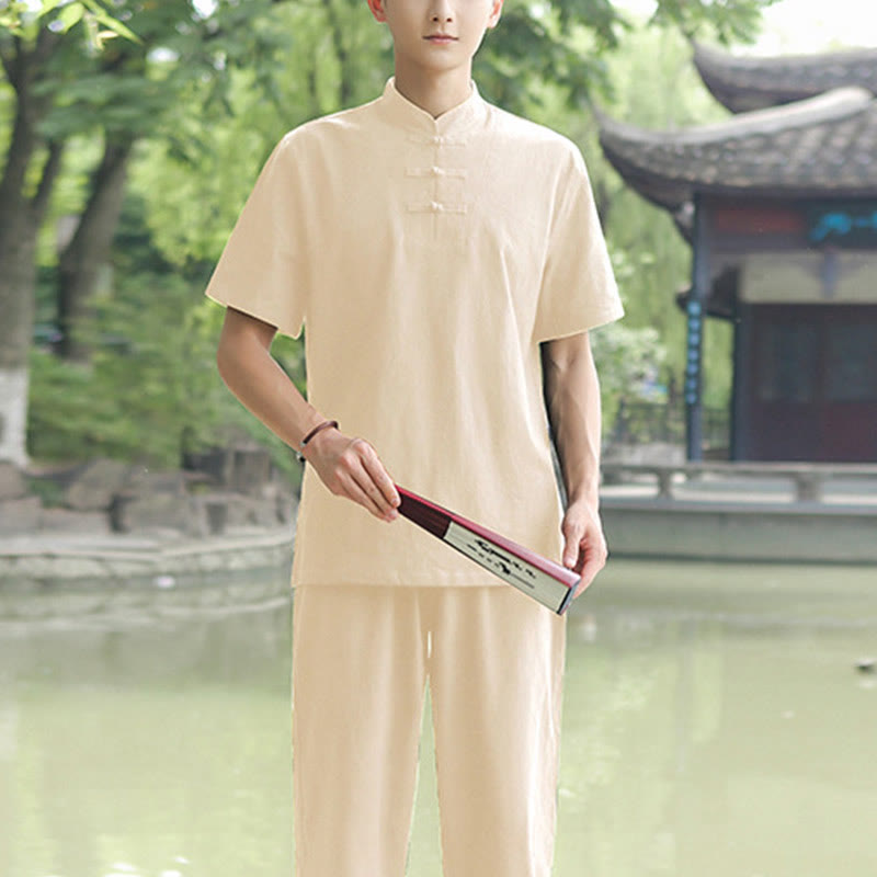 Buddha Stones 2 pezzi da uomo manica corta maglietta top pantaloni meditazione zen tai chi cotone lino abbigliamento set - Beige (Top e pantaloni) - US/UK/AU48, EU58 (6XL) - image 8