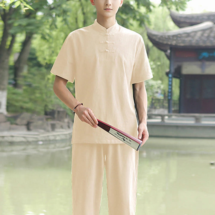 Buddha Stones 2 pezzi da uomo manica corta maglietta top pantaloni meditazione zen tai chi cotone lino abbigliamento set - Beige (Top e pantaloni) - US/UK/AU48, EU58 (6XL) - image 8