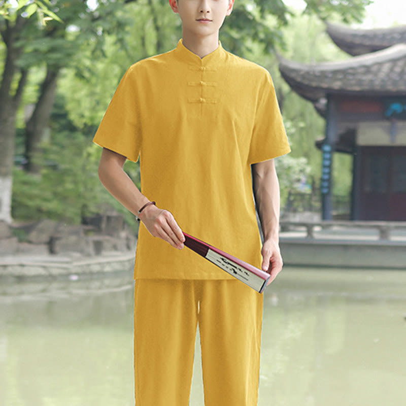 Buddha Stones 2 pezzi da uomo manica corta maglietta top pantaloni meditazione zen tai chi cotone lino abbigliamento set - Giallo (top e pantaloni) - US/UK/AU48, EU58 (6XL) - image 4