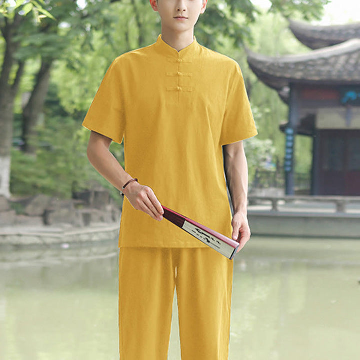 Buddha Stones 2 pezzi da uomo manica corta maglietta top pantaloni meditazione zen tai chi cotone lino abbigliamento set - Giallo (top e pantaloni) - US/UK/AU48, EU58 (6XL) - image 4