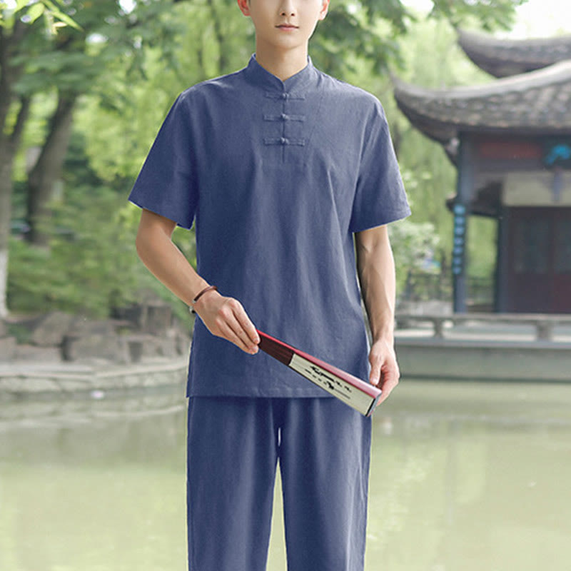 Buddha Stones 2 pezzi da uomo manica corta maglietta top pantaloni meditazione zen tai chi cotone lino abbigliamento set - Blu (Top e Pantaloni) - US/UK/AU48, EU58 (6XL) - image 5