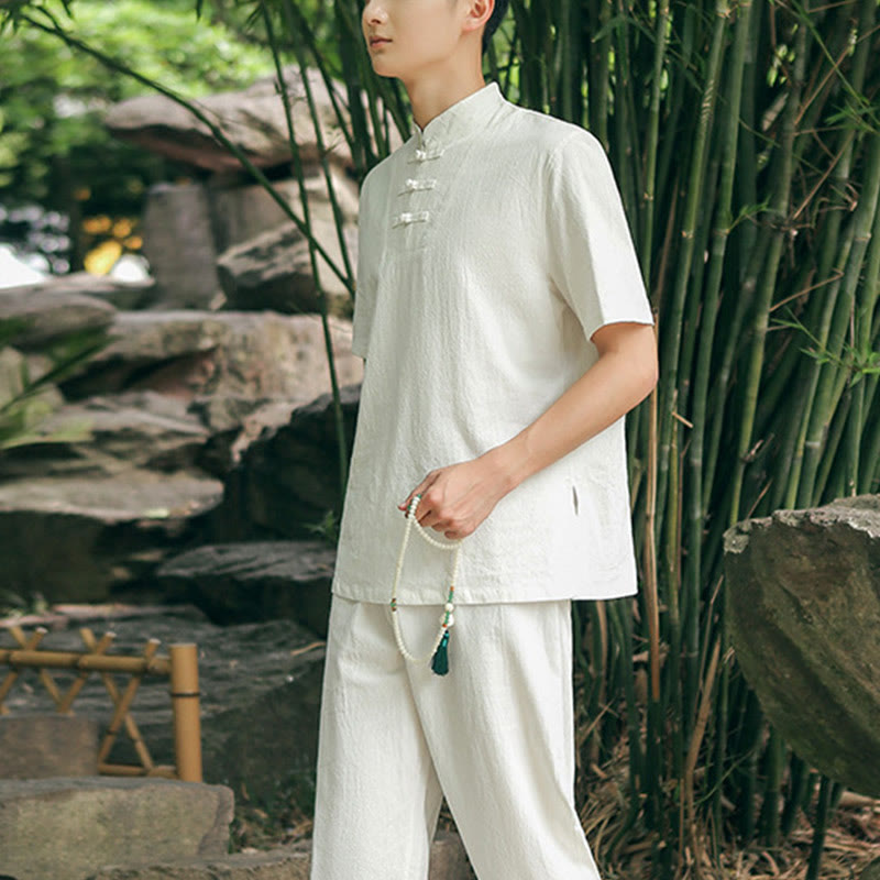 Buddha Stones 2 pezzi da uomo manica corta maglietta top pantaloni meditazione zen tai chi cotone lino abbigliamento set - image 1