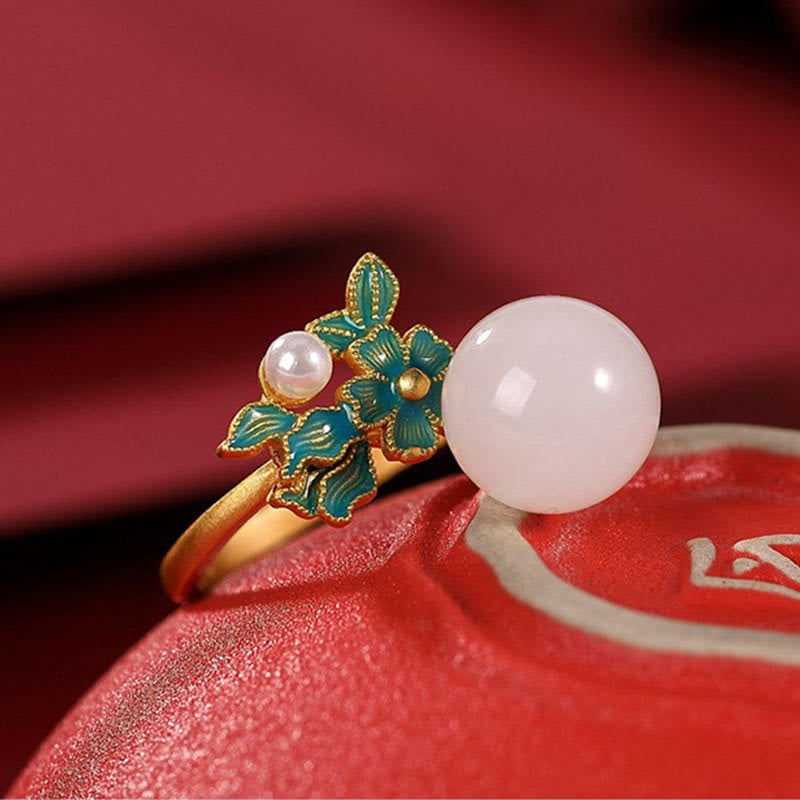 Buddha Stones Giada bianca Argento Sterling 925 Perla Fiore Benedizione Collana Pendente Anello Orecchini