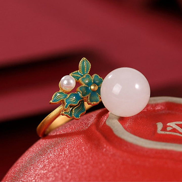 Buddha Stones Giada bianca Argento Sterling 925 Perla Fiore Benedizione Collana Pendente Anello Orecchini