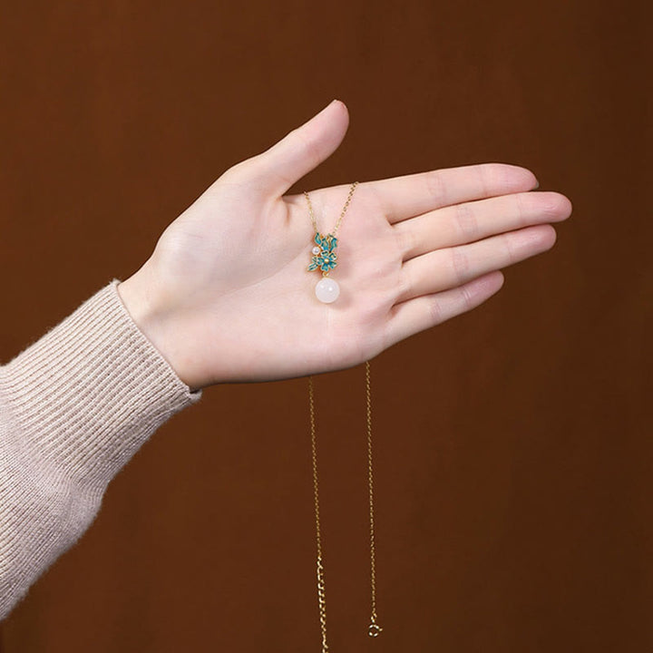 Buddha Stones Giada bianca Argento Sterling 925 Perla Fiore Benedizione Collana Pendente Anello Orecchini