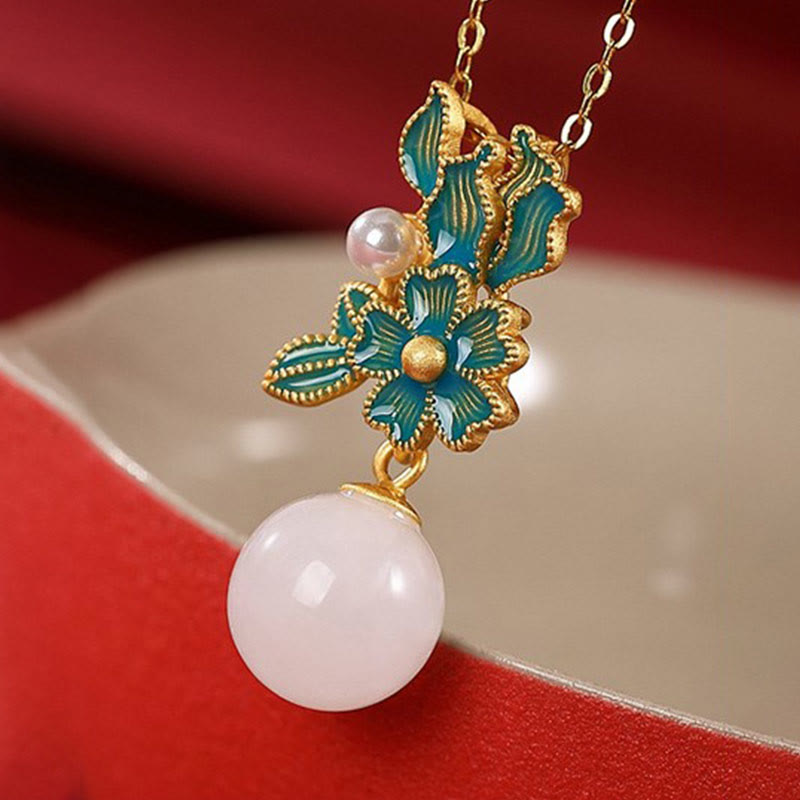 Buddha Stones Giada bianca Argento Sterling 925 Perla Fiore Benedizione Collana Pendente Anello Orecchini